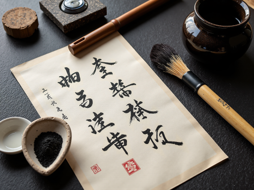 传统书法作品展示，毛笔书写的大字，宣纸背景，古典书房环境，柔和灯光效果